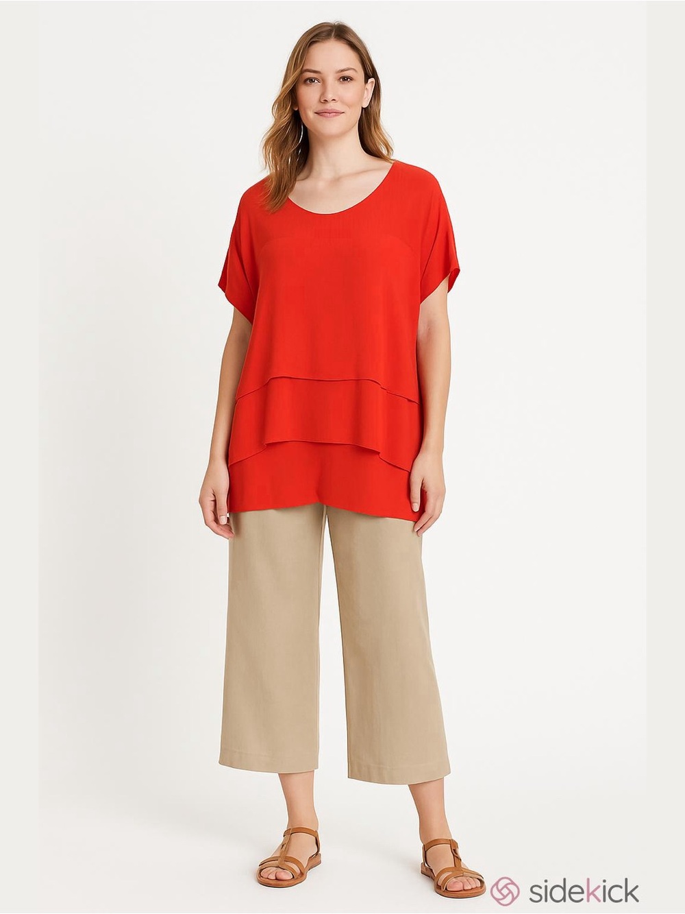 FEVER Cherry Tomato Orange Tiered Layered Short Sleeve Blouse Top NWT L